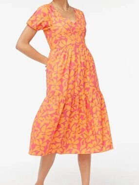 J CREW - Tiered midi dress with puff sleeves, Orange & Hot Pink floral - SIZE 1